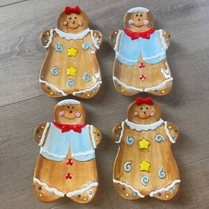 Christmas‎ Gingerbread Boy Girl Set of 4 Candy Dishes 8x5” Ceramic Glossy Plates
